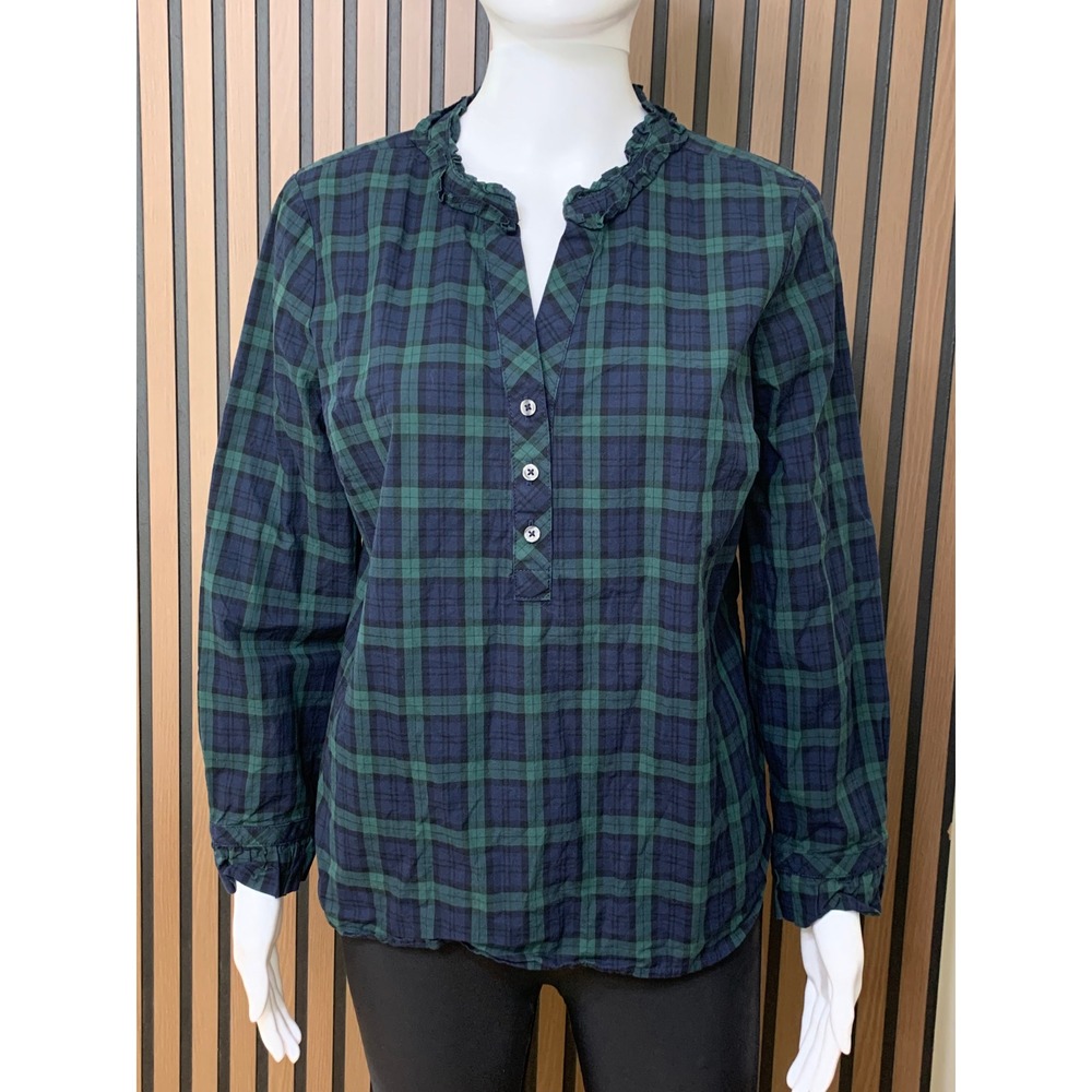 J.Crew Women's Navy Green Black Watch Plaid Ruffle Collar Cotton Blouse Top